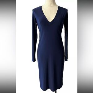 NEW* Norma Kamali Navy V-Neck Jersey Stretch Bodycon Dress XS Long Sleeve Career